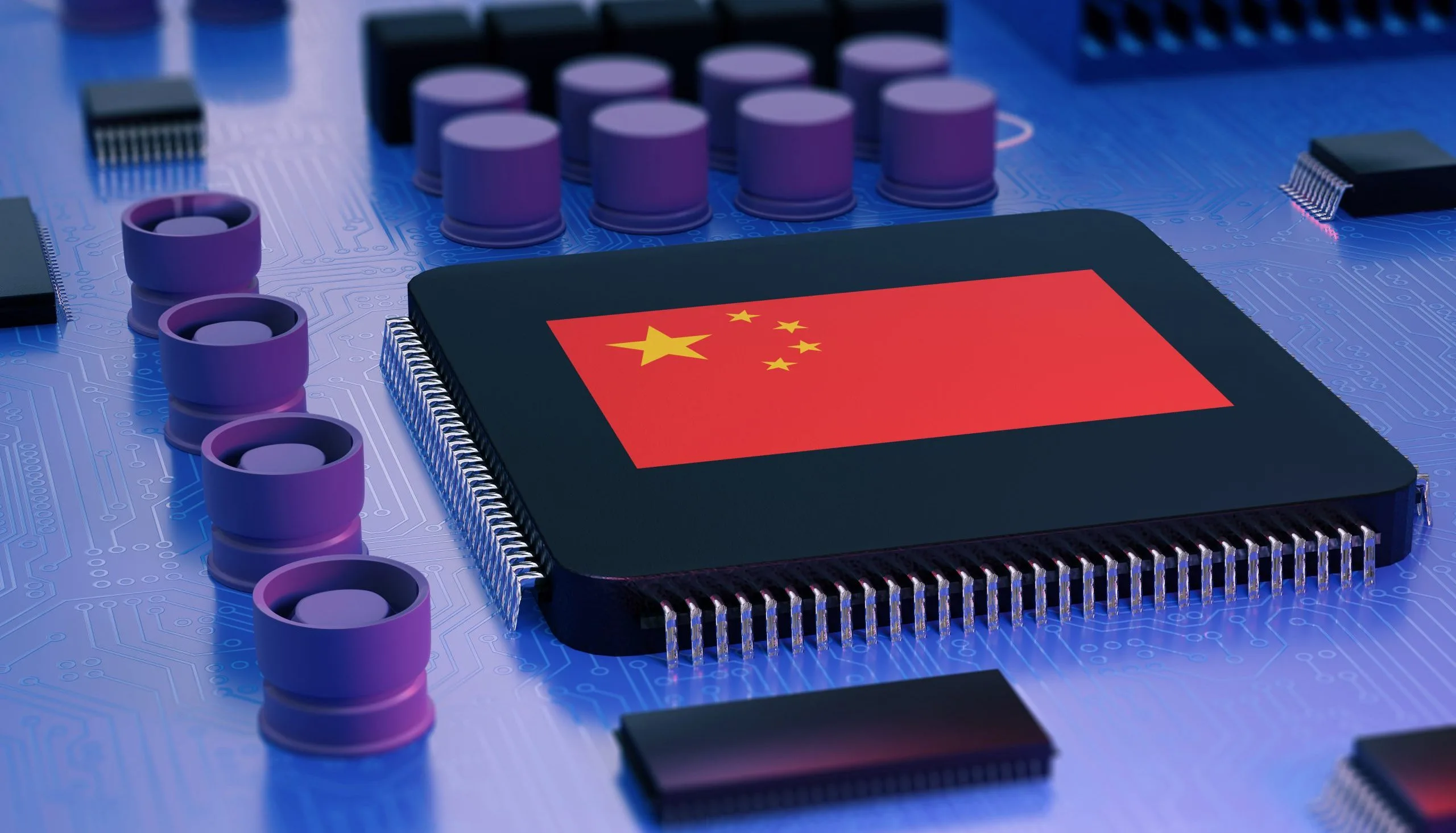 Computer chip with chinese flag, can china spy on united states. 3d conceptual illustration