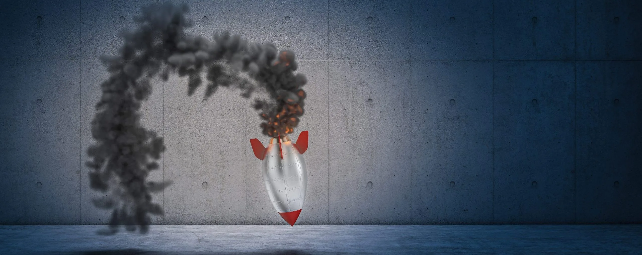 failure to launch a vintage style rocket. Concepts of difficulty crisis and failure in business. 3d render nobody around.