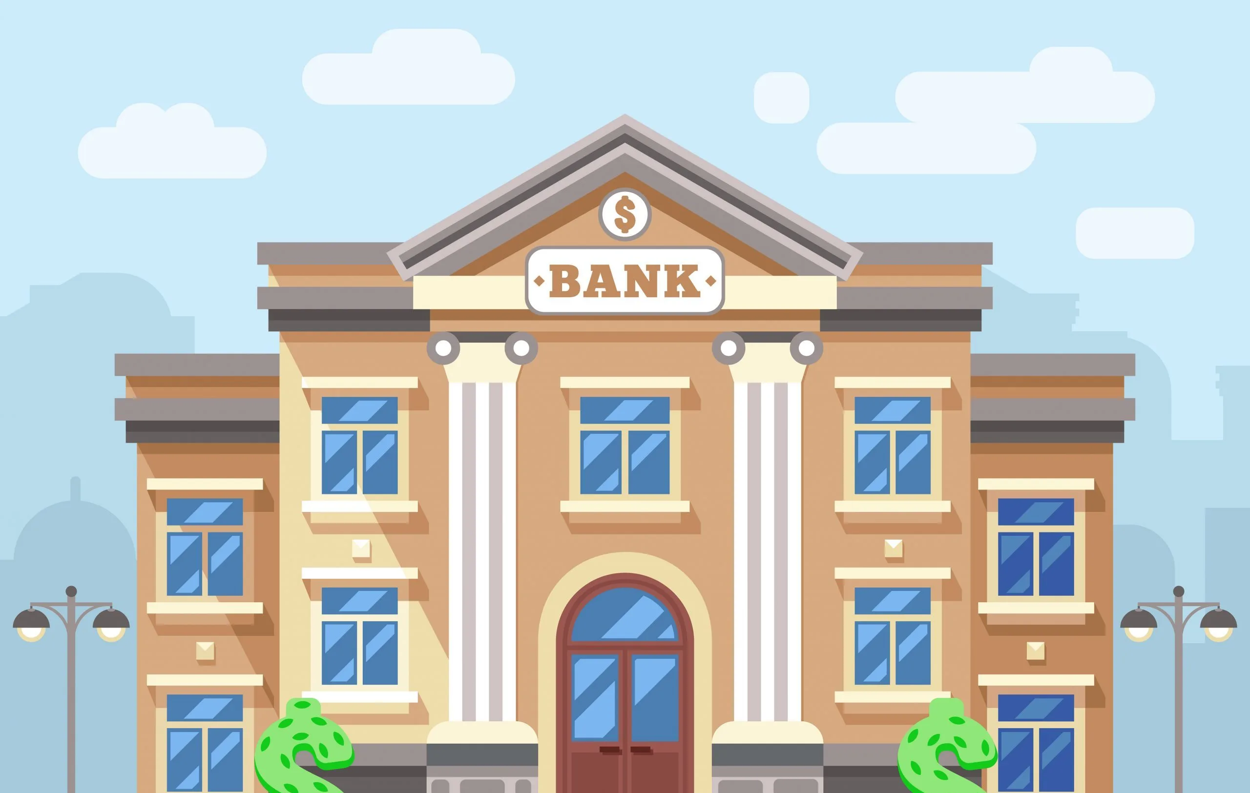 Bank building with cityscape. Business and finance flat vector concept. Business bank, architecture bank, financial building bank, institution bank illustration