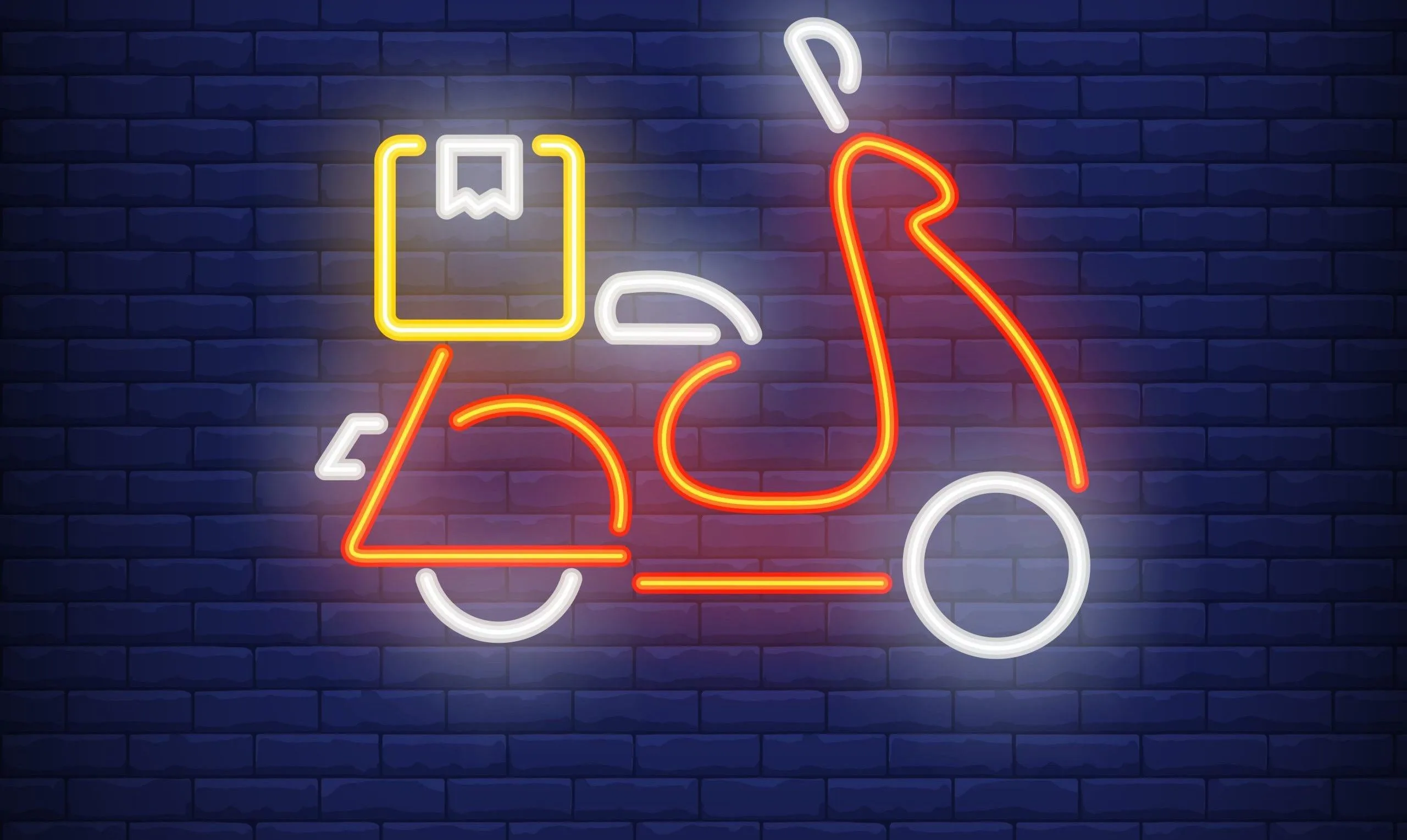 Side view of scooter on brick background. Neon style vector illustration. Moped, courier, motorcycle. Delivery banner. For business, service, transportation concept