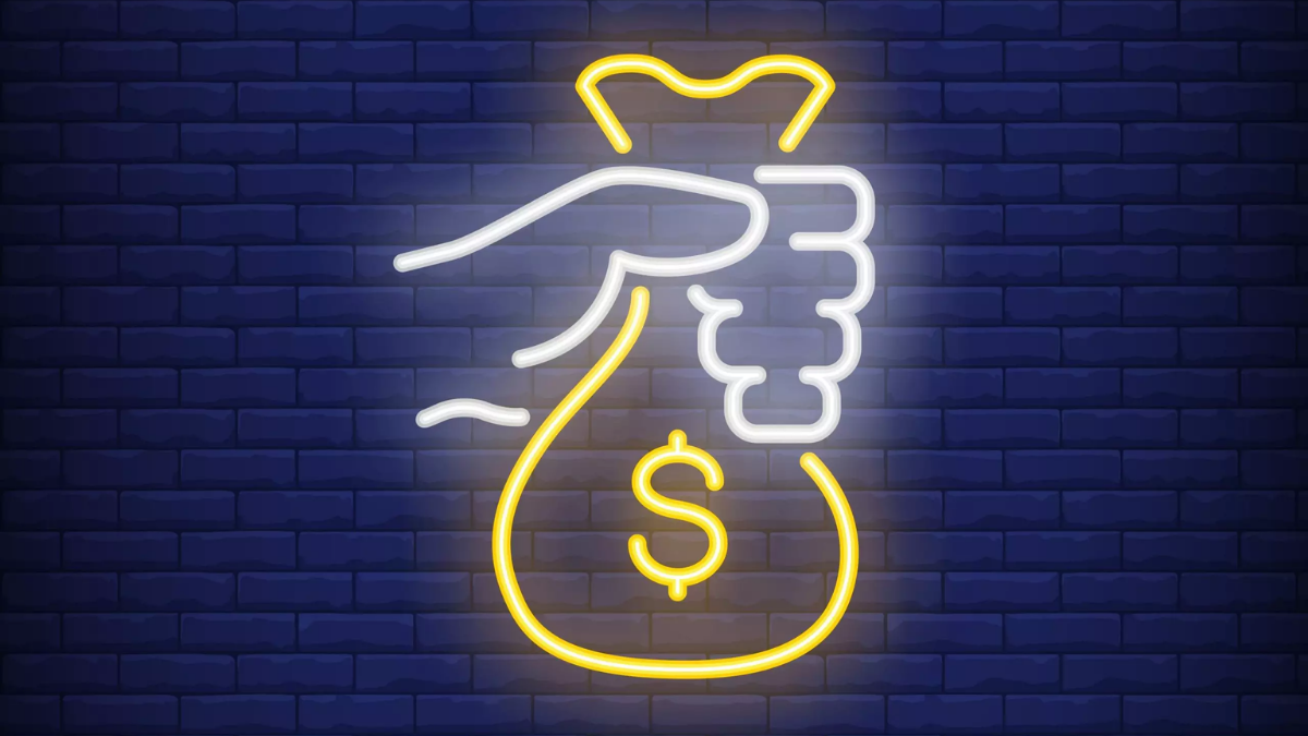 Desenho iluminado de uma mão segurando um saco de dinheiro. XP e Headline | Startups