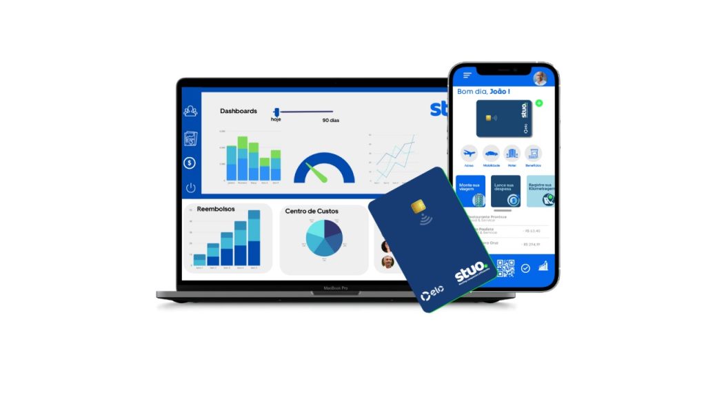 Um notebook e um celular com dados gráficos aparecendo na tela mais um cartão do Stuo - Startups
