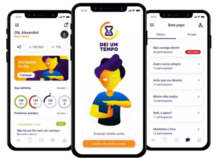 Três celulares com as telas aparecendo templates do app dei um tempo - Startups