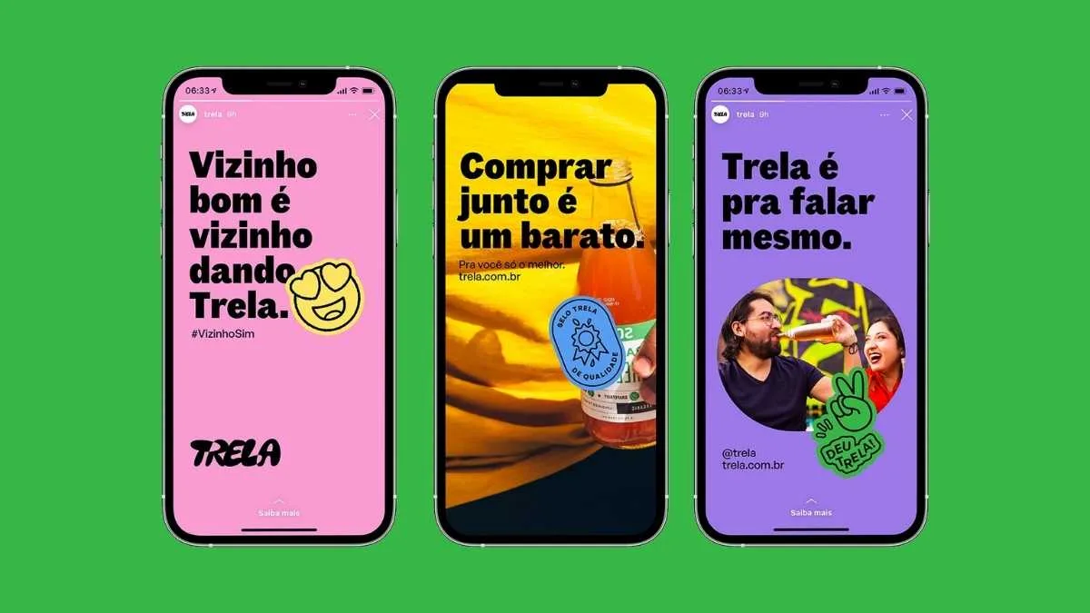 Foto de três celulares com templates abertos no Trela - Startups