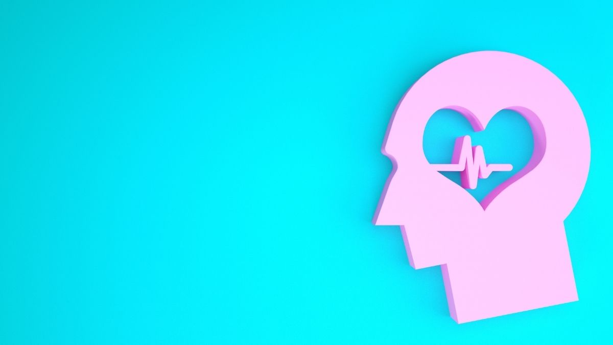 Desenho de uma cabeça rosa com um coração dentro em um fundo azul claro - Startups
