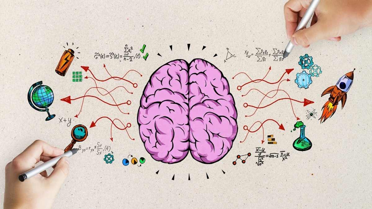 Duas mãos segurando lapiseiras, desenhando um cérebro humano ligando a diversas figuras - Startups
