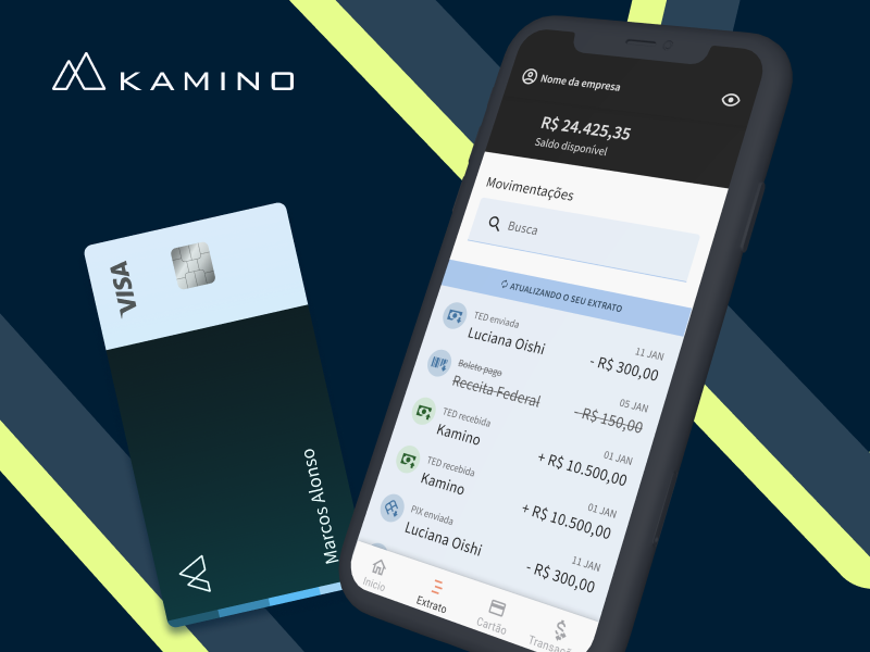 Cartão corporativo e tela do aplicativo da conta da Kamino