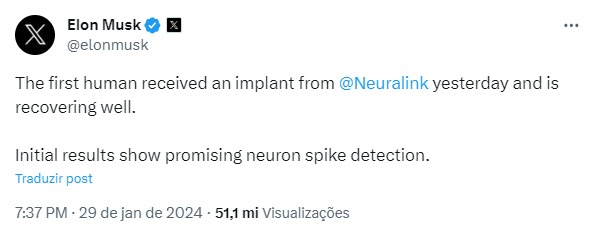 Post do Elon Musk sobre a Neuralink no X