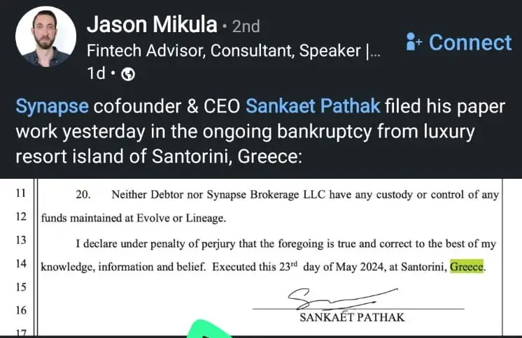 Print do registro de Chapter 11 da Synapsse, assinado pelo CEO Sankaet Pathak diretamente da modesta Santorini, na Grécia (Foto: reprodução/LinkedIn Jason Mikula)